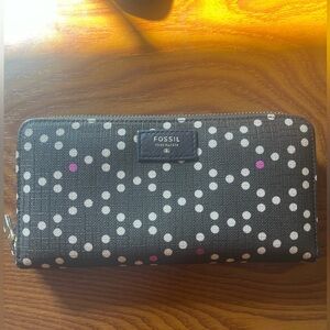 Fossil Brown Pink Polka Dot Wallet